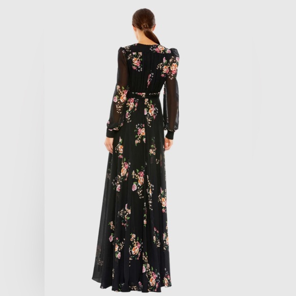 IEENA FOR MAC DUGGAL Belted Floral Print Illusion Long Sleeve Gown Black Size 12 - Picture 3 of 16